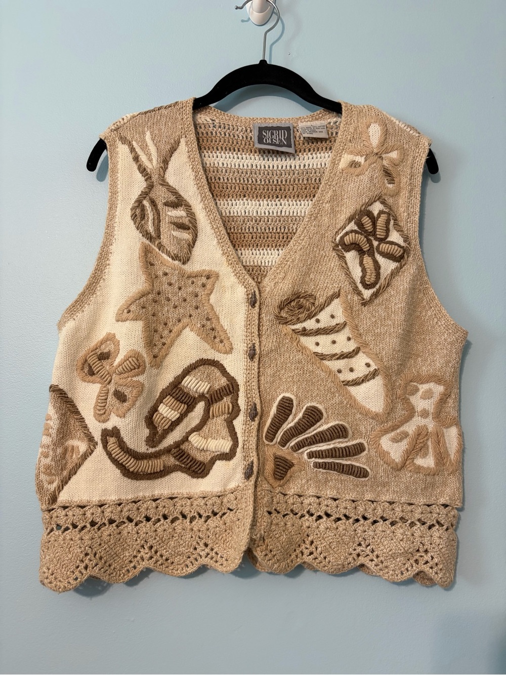 Sigrid Olsen Cream & Tan Embroidered Shell Motif Sweater Vest